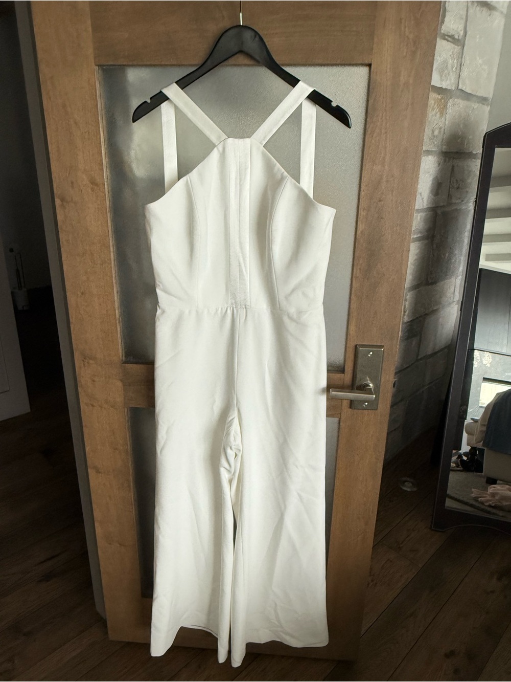 Women’s White Strappy Wide-Leg Jumpsuit (satin tuxedo detail on top)
